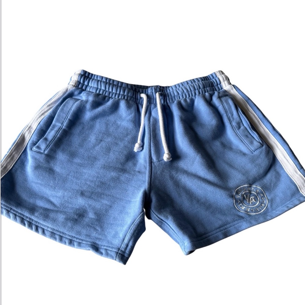 YoungLA Light Blue Athletic Drawstring Shorts with White Side Stripes
